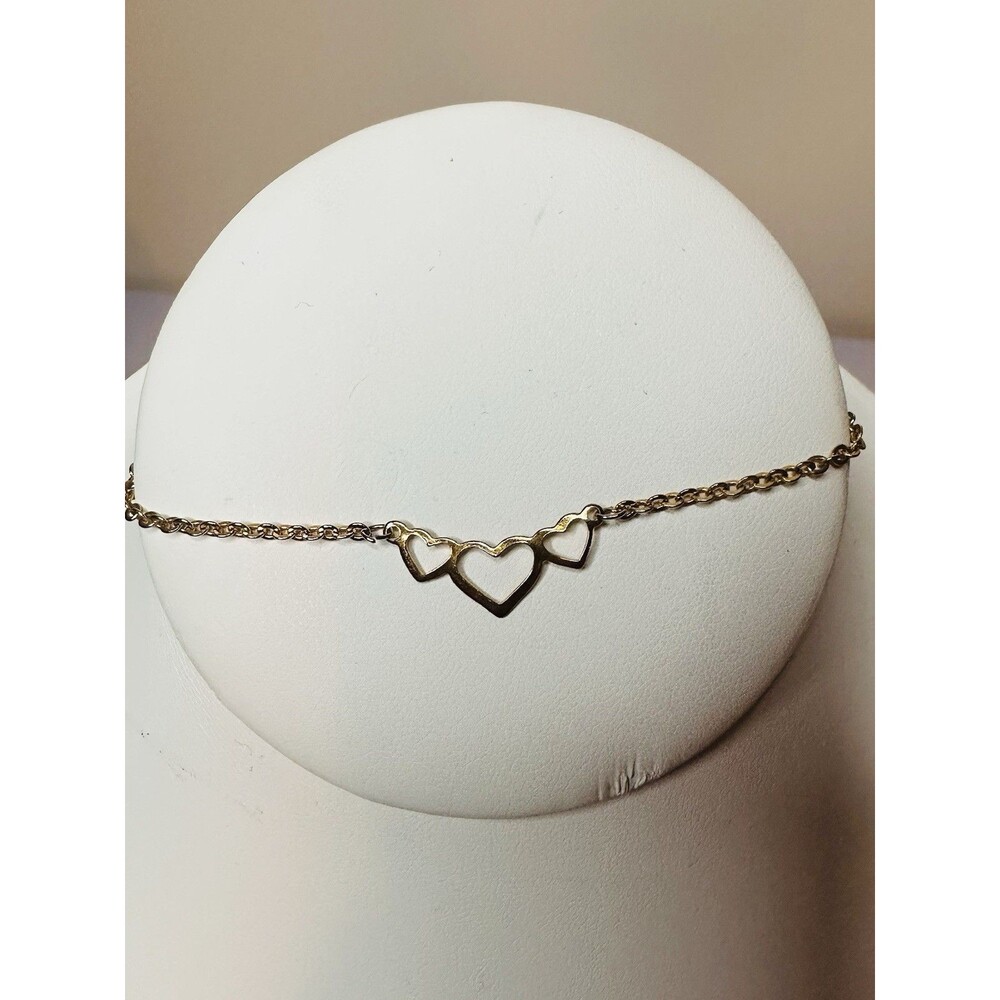 Gold Tone Triple Hearts Charm 9" Bracelet vintage stamped